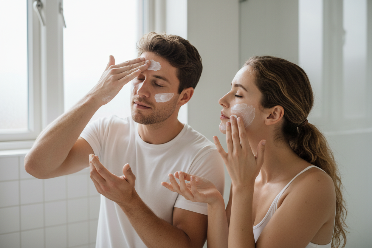 mann und frau mit gesichtspflege ohne verpackung und ohne tiegel, spernder oder flacon